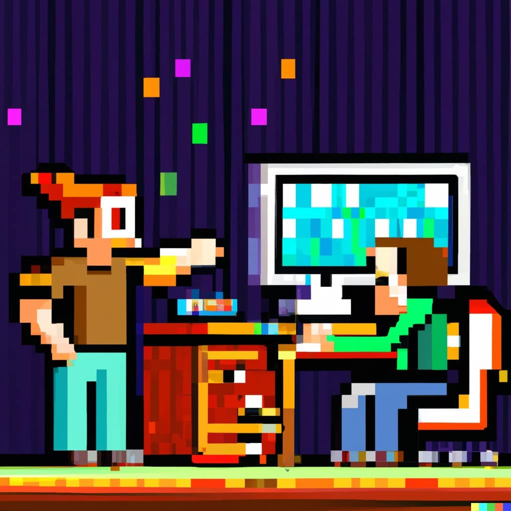 Game Designer Brainstorming, Pixel Art von DALL-E 2 (Open AI)